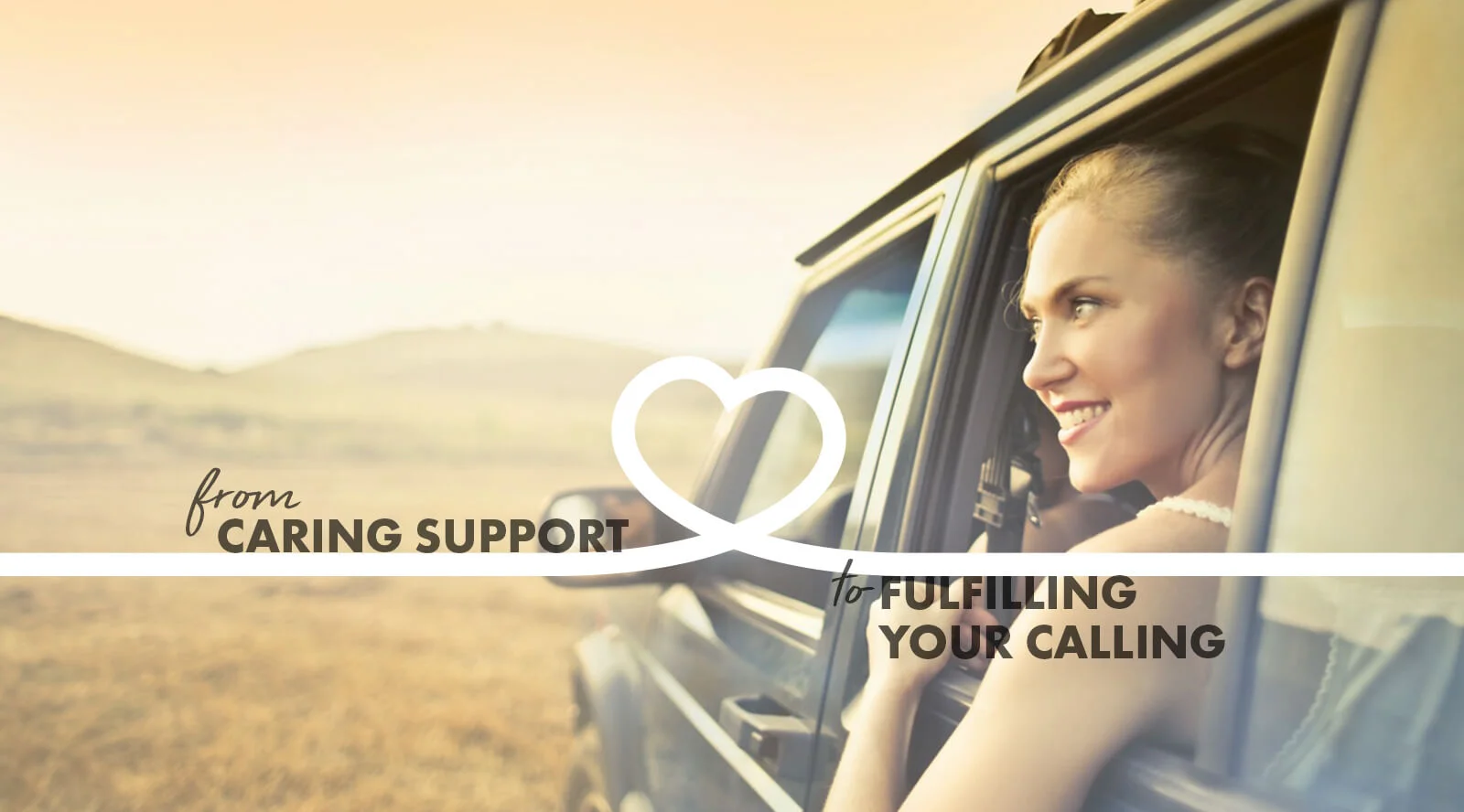 Traveling Nurse Banner: Image of a woman smiling, with a caption that reads, from caring support to fulfilling your calling.
