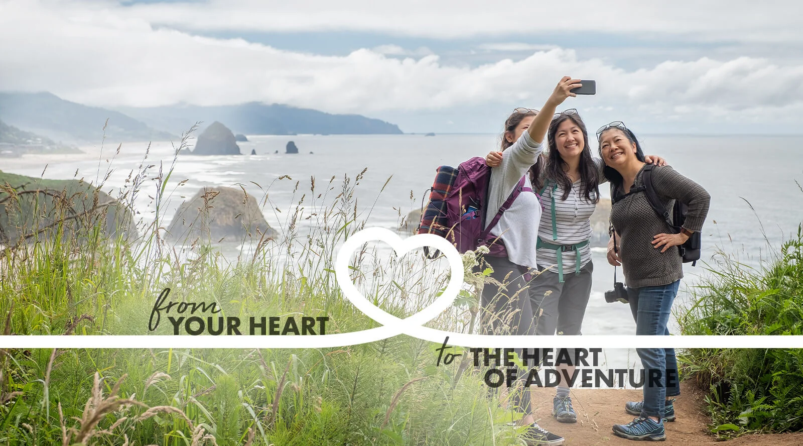 Adventurous Traveling Nurses A photo of three women wearing backpacks taking a selfie in front of a sea shore, with the caption from your heart to the heart of adventure