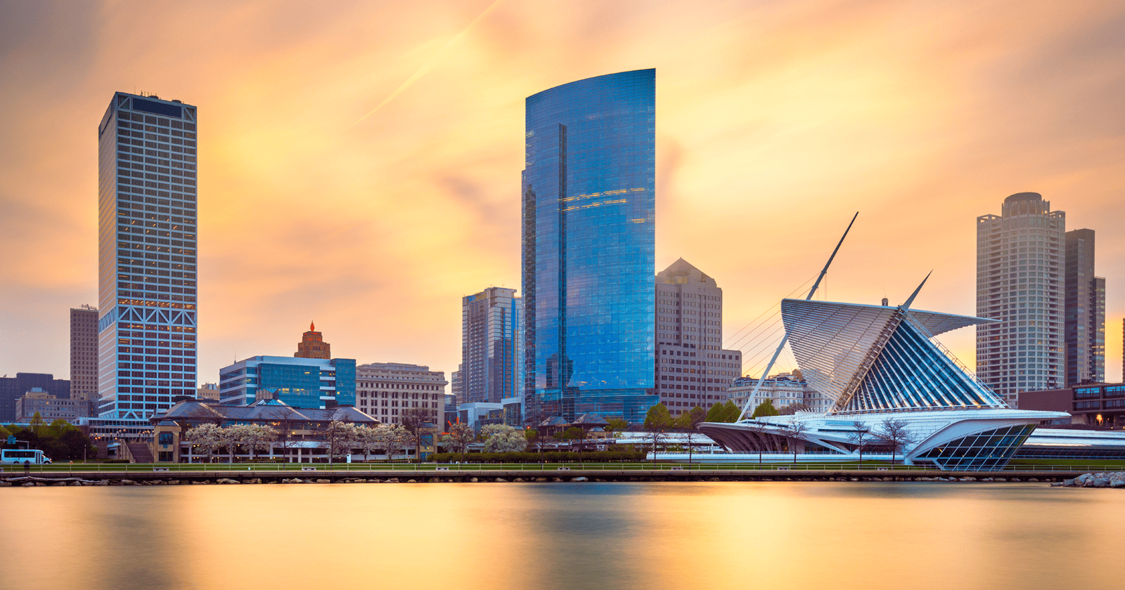 The skyline of milwaukee at sunset.