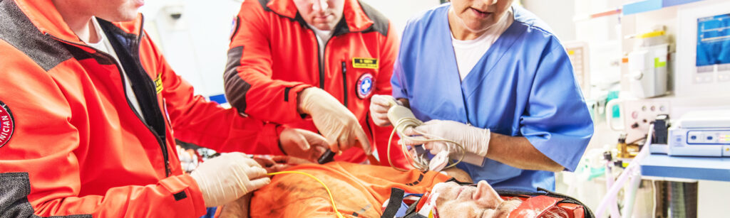Image of EMTs and a nurse caring for a patient during a disaster.