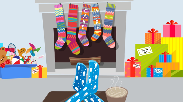 Image of Christmas sock hung over the fireplace with gives lying around and the message "care more"