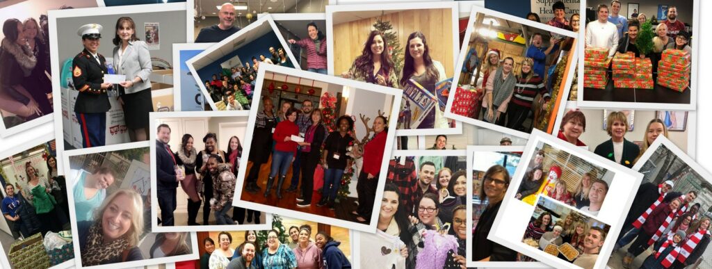 A collage of many different photographs of families during the holidays.