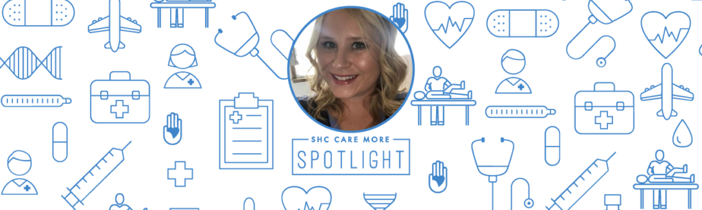 Banner: Care More Spotlight of Healthcare worker, Kym, smiling
