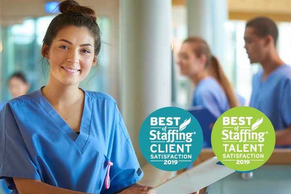 image of young woman nurse smiling at camera with Supplemental Health Care's "best in staffing" award superimposed