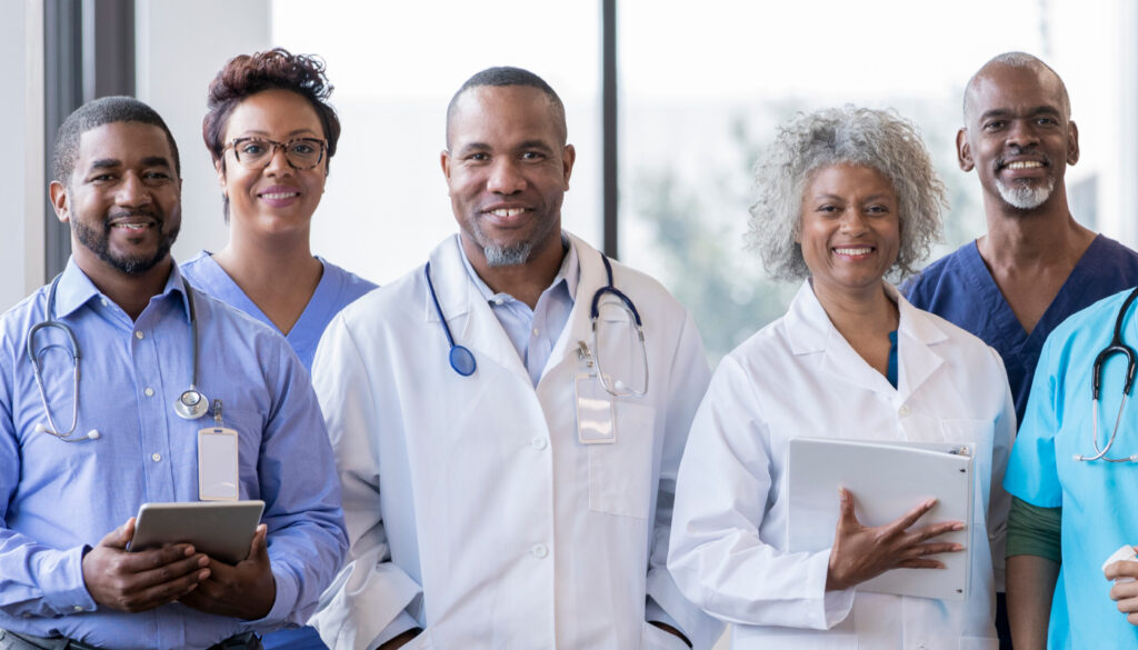 Image: Panel of black healthcare workers, from doctors to nurses celebrating black history month.