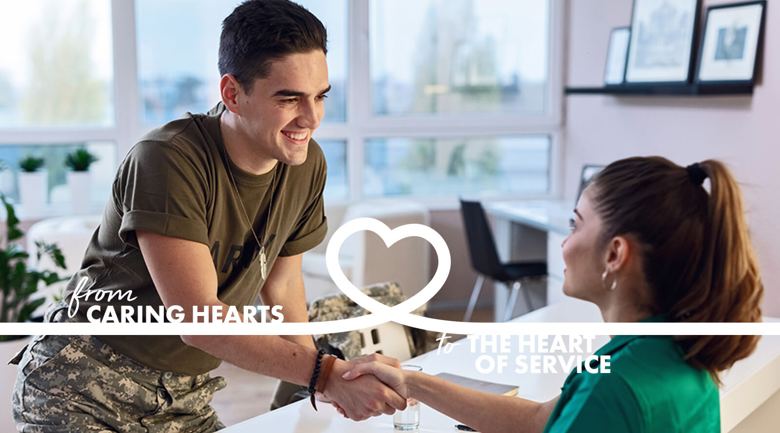 image of a soldier shaking the hand of a healthcare professional with the caption "from caring hearts to the heart of service".