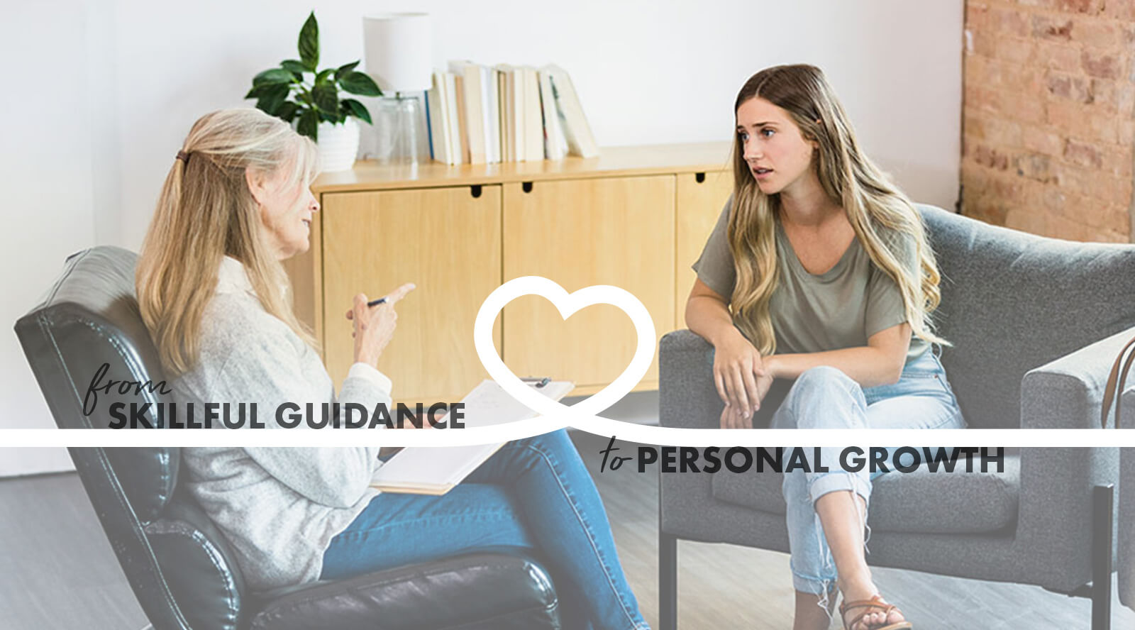 image of a woman therapist talking with a woman patient with the caption, "from skillful guidance to personal growth".