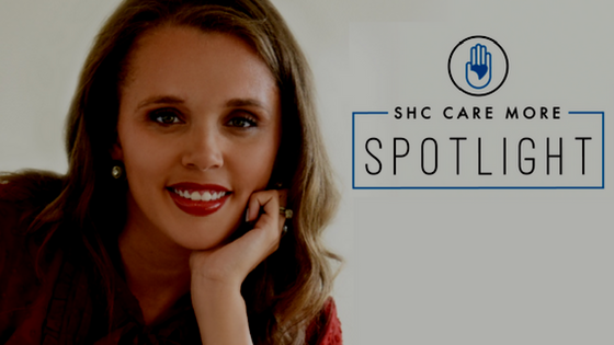 A smiling person with their hand on chin is featured next to "SHC Care More Spotlight" and a blue hand logo, celebrating the Staffing Employee of the Year for their outstanding work as a speech pathologist.