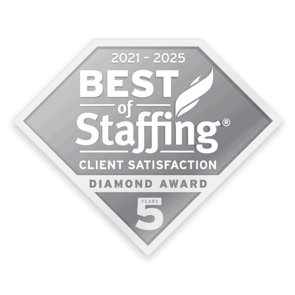 Diamond-shaped "Best of Staffing" award logo for client satisfaction, 2021-2025, with a five-year emblem.