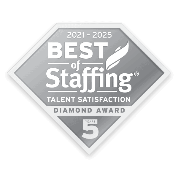 Diamond-shaped badge reading “2021-2025 Best of Staffing Talent Satisfaction Diamond Award, 5 Years.”.