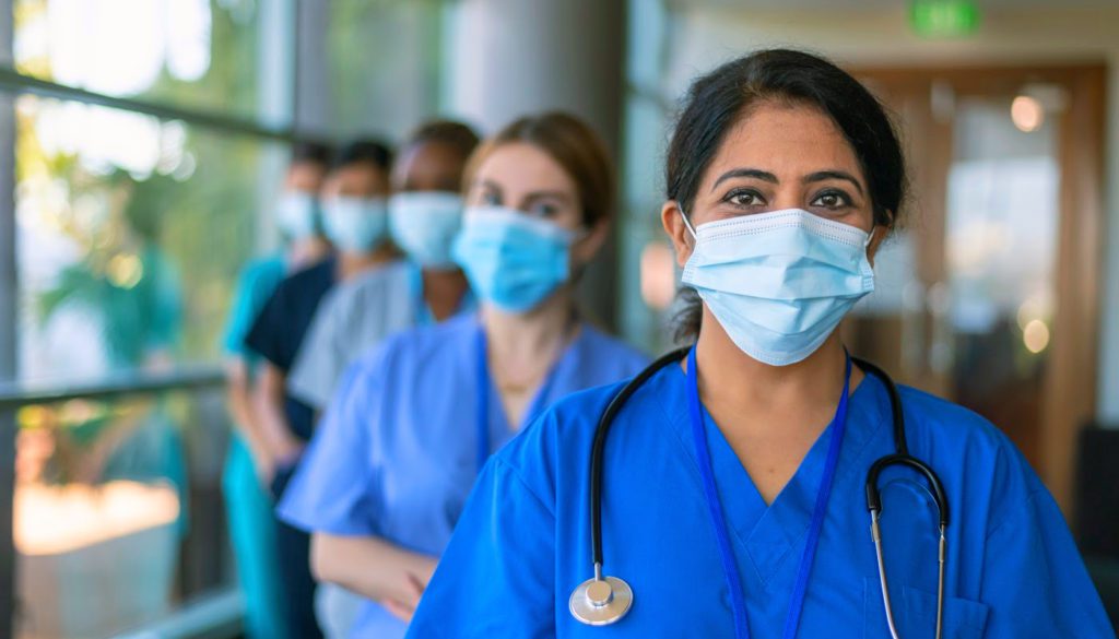 Candid photo of five healthcare professionals standing in a line facing the camera