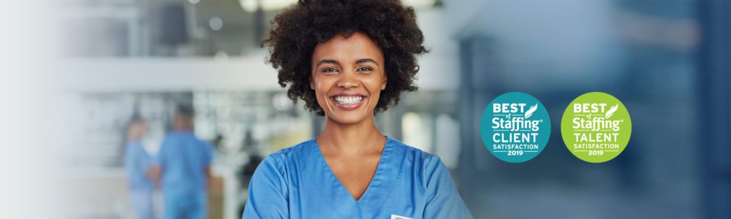 banner image of a nurse smiling at the camera with the caption "best of staffing Client Satisfaction" and "best of staffing talent satisfaction",
