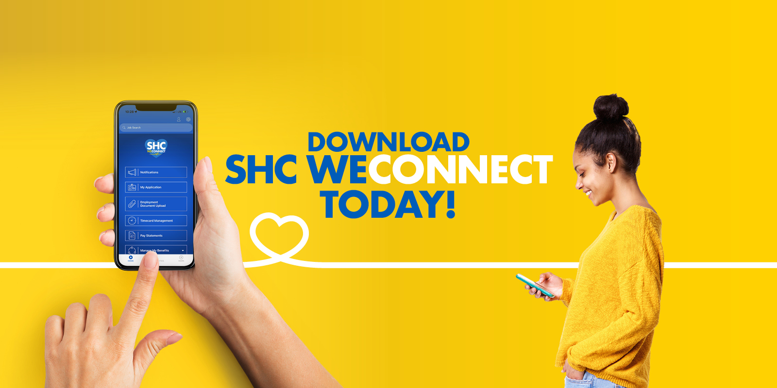 Banner: download the SHC We Connect healthcare jobs app from the Google PLay Store or from the Apple Store.