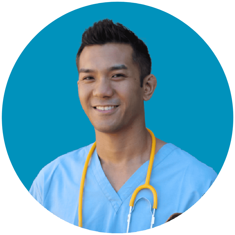 A smiling travel nurse in scrubs with a stethoscope.