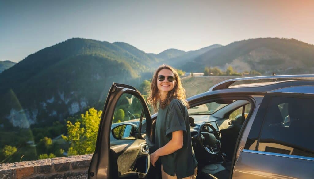 A woman opens the door of her car in the mountains.