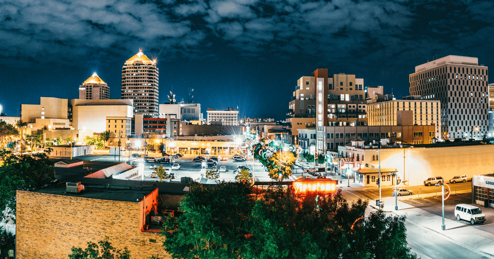An aerial view of a city at night.