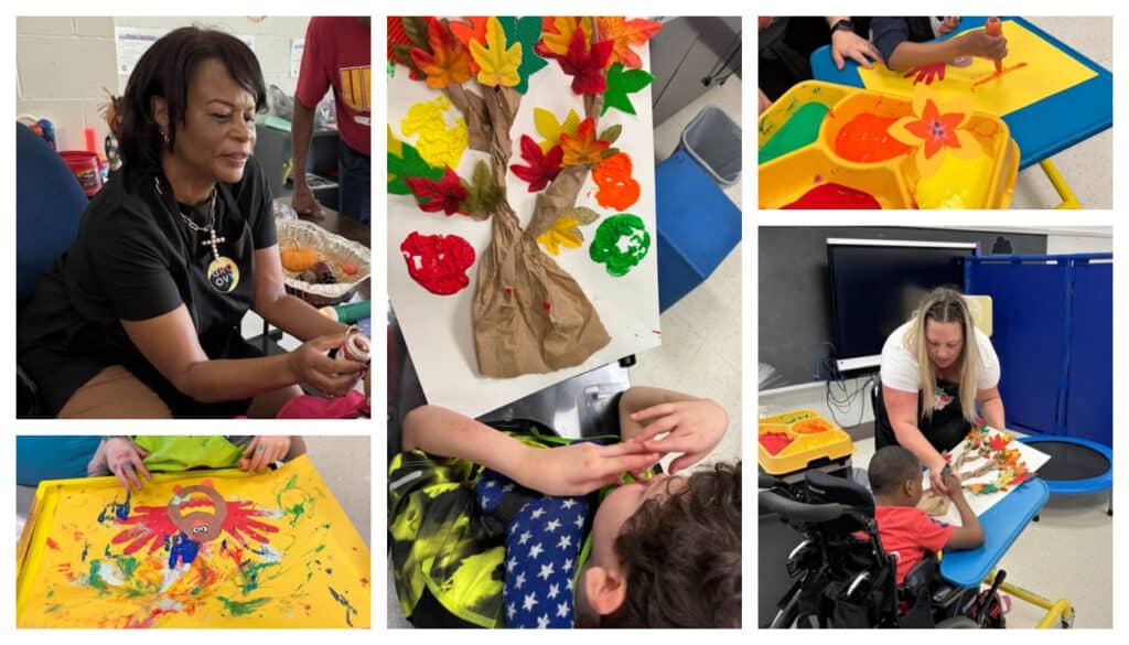 Danita and Kristin on the school Vision team do art projects with visually impaired students