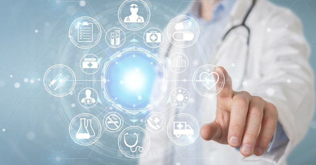 A doctor is pointing at a medical icon on a blue background.