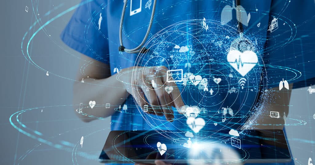 A nurse is holding a tablet with a medical icon on it.
