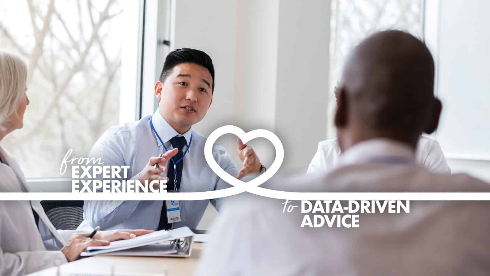 A diverse group of professionals engaged in a discussion at a conference table with text overlays about expert experience and data-driven advice.