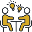 Two individuals engaged in a conversation with lightbulb icons above their heads, symbolizing idea exchange.
