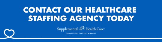 Blue banner with white text: "Contact our healthcare staffing agency today." Logo and tagline for Supplemental Health Care below.