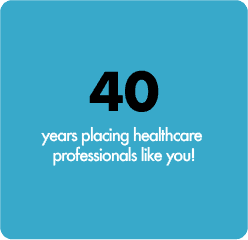 Blue background with text: "40 years placing healthcare professionals like you!" written in black and white font.