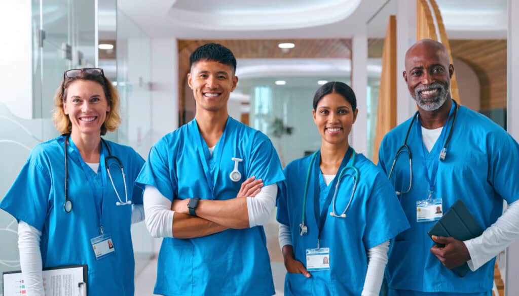 Four healthcare professionals in blue scrubs stand smiling in a hospital corridor with stethoscopes around their necks.