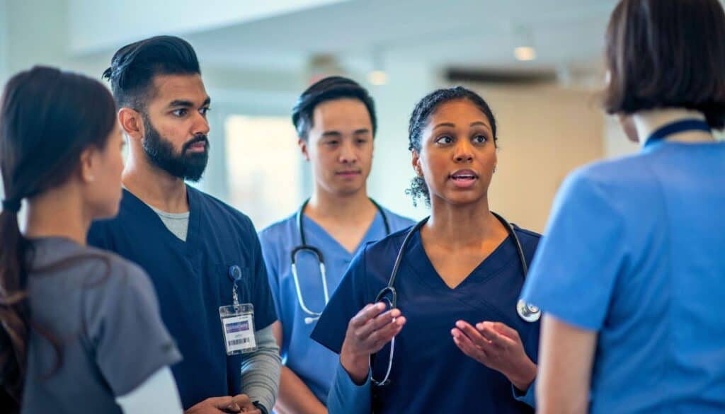 A group of medical professionals in scrubs, with stethoscopes, engaged in discussion.