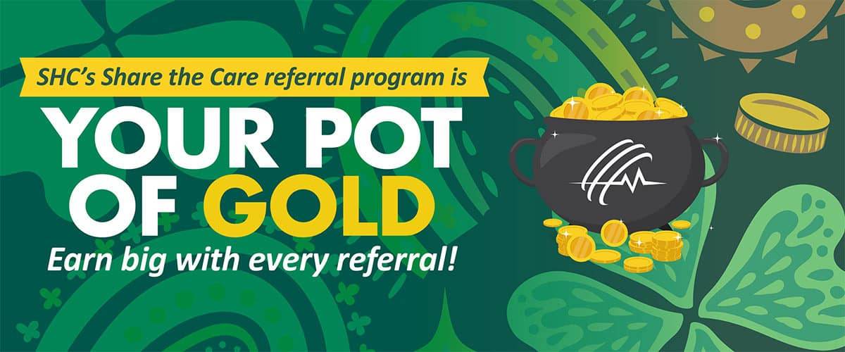 Promotional graphic for summer referral bonuses featuring a beach scene with a surfboard, flamingo float, beach ball, and tropical leaves. Text reads: "Splash into Referral Bonuses This Summer with SHC!.